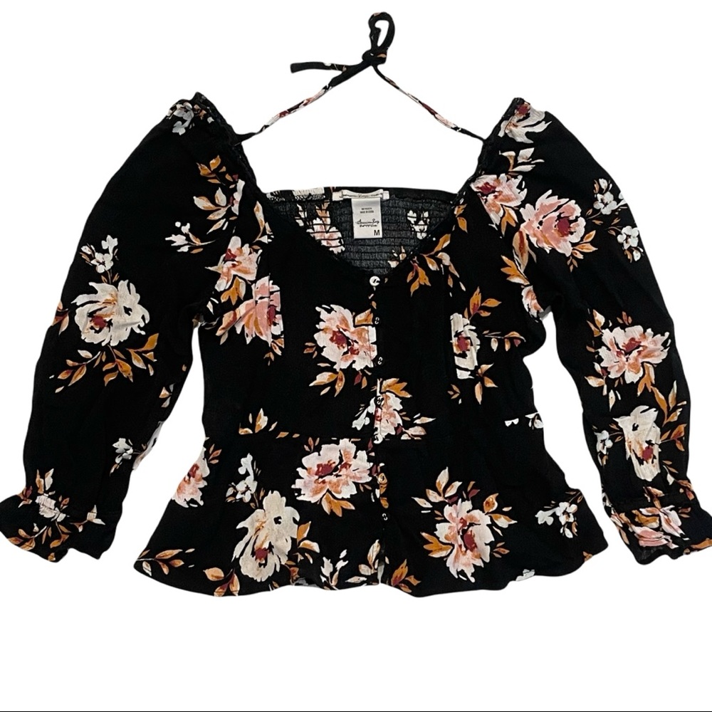 AMERICAN RAG V-Neck Black Floral Print Pullover Button Up Top Size M